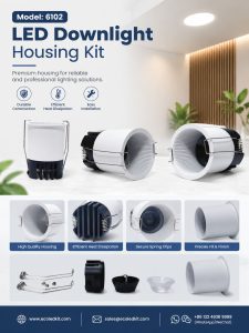 ECOLEDKIT 6102 recessed round LED downlight housing kit poster — 9W to 25W, 62mm to 115mm face, 55mm to 105mm cutout, 78mm to 93mm height, die-cast aluminium heat sink, beam angle options 24°, 36°, 55°