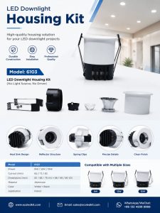 ECOLEDKIT 6103 recessed round LED downlight housing kit poster — 9W to 15W, 62mm to 82mm face, 55mm to 75mm cutout, 66mm to 80mm height, die-cast aluminium heat sink, beam angle options 15°, 24°, 36°
