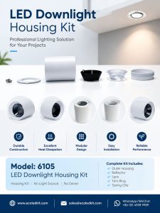 ECOLEDKIT 6105 surface-mounted round LED downlight housing kit poster — 5W to 15W, 45mm to 95mm face, surface mounted (no cutout), 52mm to 87mm height, die-cast aluminium heat sink, beam angle options 15°, 24°, 36°, 50°, 55°