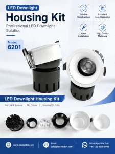 ECOLEDKIT 6201 recessed round deep LED downlight housing kit poster — 10W to 35W, 64mm to 104mm face, 55mm to 95mm cutout, 85mm to 156mm height, cold-forged aluminium heat sink, beam angle options 10°, 15°, 24°, 36°, 60°