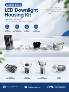 ECOLEDKIT 6203 recessed round deep LED downlight housing kit poster — 10W to 20W, 64mm to 84mm face, 55mm to 75mm cutout, 85mm to 120mm height, cold-forged aluminium heat sink, beam angle options 10°, 15°, 24°, 36°, 60°