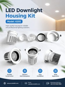 ECOLEDKIT 6205 recessed round deep anti-glare LED downlight housing kit poster — 30W to 40W, 108mm to 138mm face, 95mm to 130mm cutout, 118mm to 120mm height, die-cast aluminium heat sink, beam angle options 15°, 24°, 36°, 60°