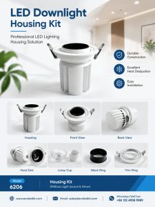 ECOLEDKIT 6206 recessed round flat-convex deep anti-glare LED downlight housing kit poster — 30W to 40W single, 30W×2 twin, 108mm to 216mm face, 95mm to 200mm cutout, 100mm height, die-cast aluminium heat sink, beam angle options 15°, 24°, 36°, 50°