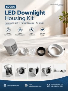 ECOLEDKIT 6206A recessed round deep anti-glare LED downlight housing kit poster — 30W to 32W, 110mm to 128mm face, 95mm to 115mm cutout, 120mm to 122mm height, die-cast aluminium heat sink, beam angle options 15°, 24°, 36°