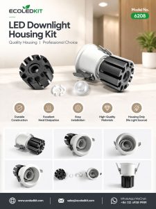 ECOLEDKIT 6208 recessed round deep anti-glare LED downlight housing kit poster — 7W to 60W, 65mm to 135mm face, 55mm to 125mm cutout, 90mm to 165mm height, extruded aluminium heat sink, beam angle options 15°, 24°, 36°, 60°