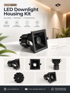 ECOLEDKIT 6209 recessed square deep anti-glare LED downlight housing kit poster — 7W to 60W, 70mm to 135mm face, square 60×60mm to 125×125mm cutout, 90mm to 168mm height, extruded aluminium heat sink, beam angle options 15°, 24°, 36°, 55°