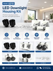 ECOLEDKIT 6210 twin-head square deep anti-glare LED downlight housing kit poster — 7W×2 to 50W×2, 70×128mm to 138×276mm face, 60×115mm to 125×255mm cutout, 90mm to 168mm height, extruded aluminium heat sink, beam angle options 15°, 24°, 36°, 55°