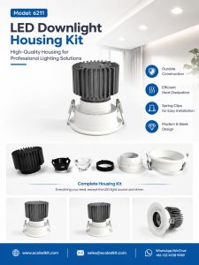 ECOLEDKIT 6211 recessed round LED downlight housing kit poster — 7W to 65W, 88mm to 138mm face, 75mm to 130mm cutout, 90mm to 170mm height, aluminium profile heat sink, beam angle options 15°, 24°, 38°, 55°