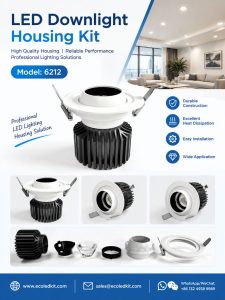 ECOLEDKIT 6212 recessed round flat-convex LED downlight housing kit poster — 7W to 65W, 88mm to 160mm face, 75mm to 150mm cutout, 77mm to 148mm height, aluminium profile heat sink, beam angle options 15°, 24°, 38°, 55°