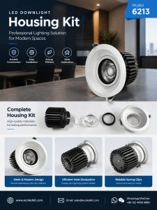 ECOLEDKIT 6213 recessed round flush-face LED downlight housing kit poster — 18W to 50W, 88mm to 138mm face, 75mm to 130mm cutout, 105mm to 150mm height, aluminium profile heat sink, beam angle options 15°, 24°, 38°, 55°