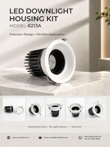 ECOLEDKIT 6213A recessed round multi-optic LED downlight housing kit poster — 7W to 40W, 88mm to 138mm face, 75mm to 130mm cutout, 88mm to 125mm height, die-cast aluminium heat sink, beam angle options lens 15°/24°/36°/55°, reflector 15°/24°/36°, or adjustable-focus 8°–45°