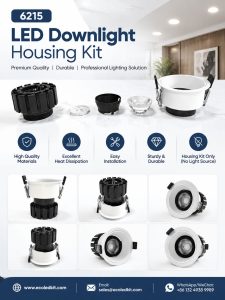 ECOLEDKIT 6215 recessed round LED downlight housing kit poster — 10W to 40W, 63mm to 108mm face, 55mm to 95mm cutout, 83mm to 145mm height, aluminium profile heat sink, beam angle options 15°, 24°, 36°, 60°