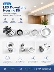 ECOLEDKIT 6216 recessed round deep anti-glare LED downlight housing kit poster — 30W to 35W, 88mm to 128mm face, 75mm to 120mm cutout, 125mm to 138mm height, cold-forged aluminium heat sink, beam angle options 15°, 24°, 36°, 55°