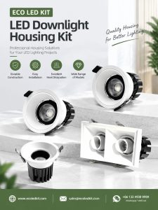ECOLEDKIT LED downlight housing kit range overview — recessed and surface-mounted, round and square aluminium housings, 5W to 65W, cutouts from 55mm to 255mm, die-cast, cold-forged and extruded aluminium heat sinks